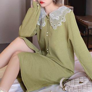 Long-sleeve Collared Buttoned Midi Knit Dress