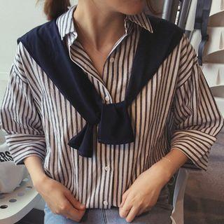 3/4-sleeve Striped Shirt With Shawl