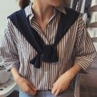 3/4-sleeve Striped Shirt With Shawl
