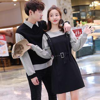 Couple-matching Mock Two Piece Mini A-line Dress / Sweatshirt
