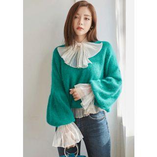 V-neck Balloon-sleeve Furry Sweater