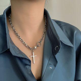 Faux Pearl Cross Pendant Chain Necklace As Shown In Figure - One Size