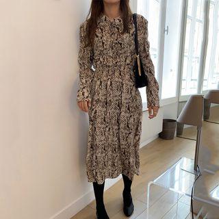 Long-sleeve Ruffled Pattern Printed Dress As Shown In Figure - One Size