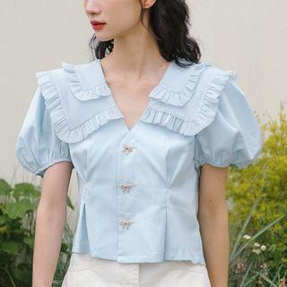 Puff-sleeve Collared Ruffled Blouse