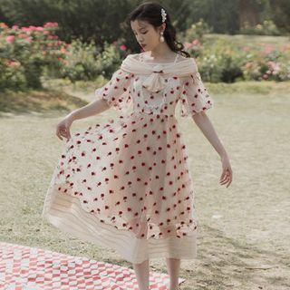 Rose Embroidered A-line Mesh Dress