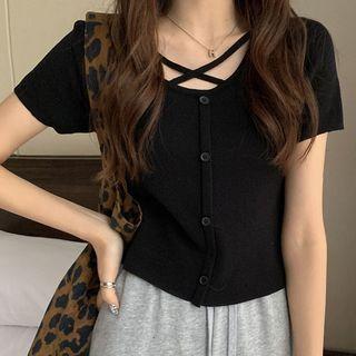 Cross-strap Scoop-neck Cropped Knit Top