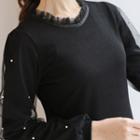 Frilled-neck Faux-pearl Mesh Top