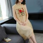 Embroidered Sleeveless Mandarin Collar Dress