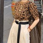 Leopard Print Short-sleeve Knit Top Brown - One Size