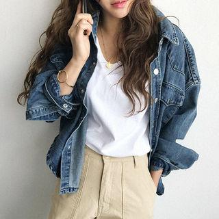 Metal-button Denim Shirt Jacket Blue - One Size