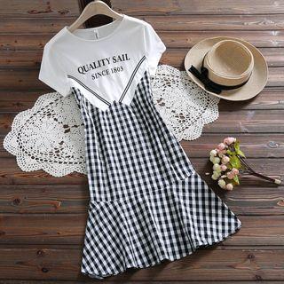 Short-sleeve Letter Gingham Paneled Frill Trim Dress