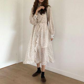 Ruffle-detail Dotted Chiffon Dress Almond - One Size