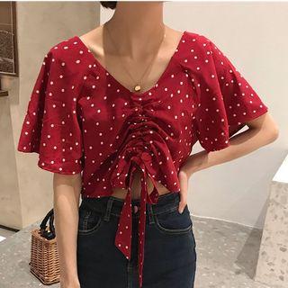 Dotted Drawstring V-neck Short Sleeve Top