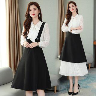 Long-sleeve Bow Accent Blouse / Suspender Midi Skirt / Midi Pleated Skirt