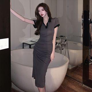 Short-sleeve Drawstring Midi Polo Bodycon Dress