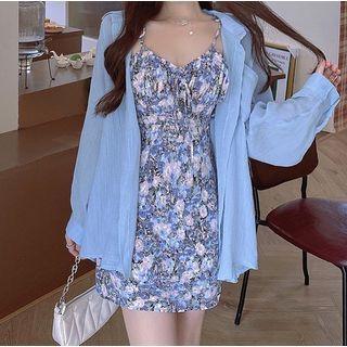 Floral Spaghetti Strap Mini A-line Dress / Plain Blouse