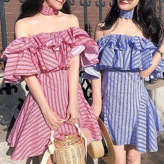 Elbow-sleeve Off Shoulder Striped A-line Mini Dress