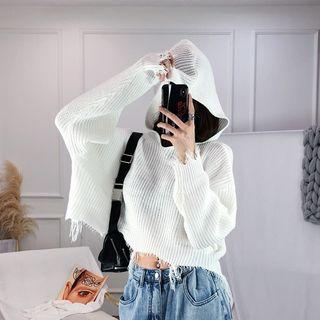 Fringed Hem Knit Hoodie