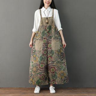 Floral Print Wide Leg Dungaree Khaki - One Size