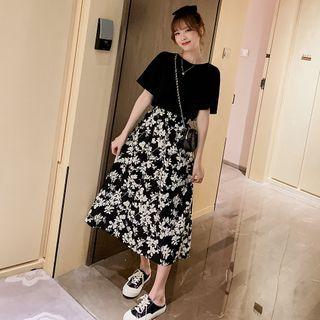 Plain Short-sleeve T-shirt / Floral Midi A-line Dress
