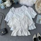 V-neck Ruffle-hem Short-sleeve Dotted Shirt
