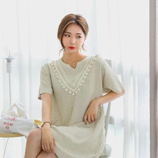 Tasseled Linen Blend Shift Dress