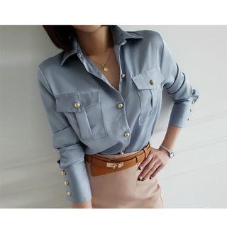 Metallic-button Wide-cuff Satin Blouse