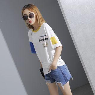 Elbow-sleeve Color-block Asymmetric T-shirt