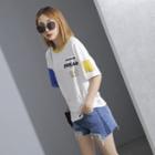 Elbow-sleeve Color-block Asymmetric T-shirt