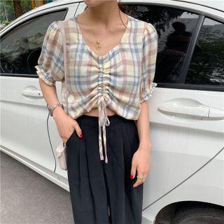 Short-sleeve Drawstring Plaid Shirt Plaid - One Size
