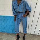 Dual-pocket Belted-detail Denim Jumpsuit Light Blue - One Size