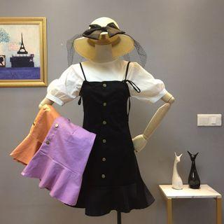 Set: Puff-sleeve Top + Ruffle Hem Mini A-line Pinafore Dress