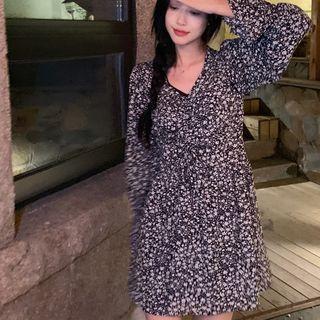 Long-sleeve Floral Mini A-line Dress Black - One Size