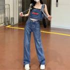 Letter Embroidered Denim Camisole Top / High Waist Wide Leg Jeans