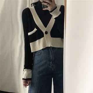 Contrast-color Cropped Cardigan Black - One Size