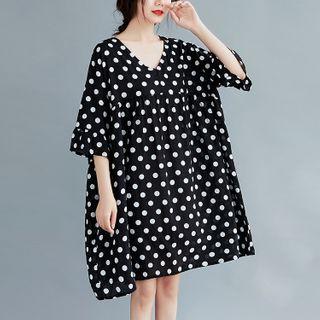 Elbow-sleeve Dotted A-line Dress White Dot - Black - One Size