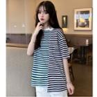 Elbow-sleeve Asymmetric Striped T-shirt