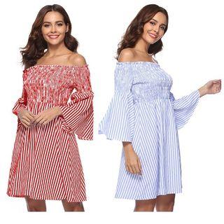 Off Shoulder Bell-sleeve Striped Dress