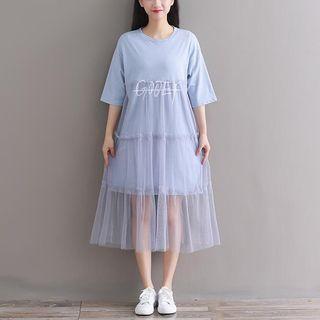 Elbow-sleeve Sheer Panel Midi Knit Dress