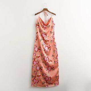 Spaghetti-strap Halter Neck Print Midi Sheath Dress