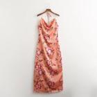 Spaghetti-strap Halter Neck Print Midi Sheath Dress