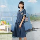 Set: Short-sleeve Sailor Collar Top + A-line Skirt