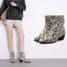 Pointy Toe Snake Pattern Chunky Heel Ankle Boots