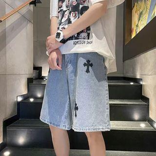 Cross Applique Denim Loose Fit Shorts