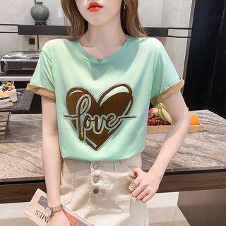 Short-sleeve Rhinestone Heart Print T-shirt