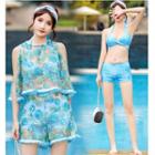 Set: Printed Bikini Top + Swim Shorts + Embroidered Cover-up + Shorts