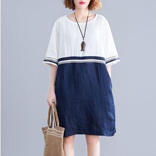 Elbow-sleeve Color Block Tunic Dress