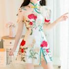 Set: Short-sleeve Floral Embroidered A-line Mini Qipao Dress + Shorts