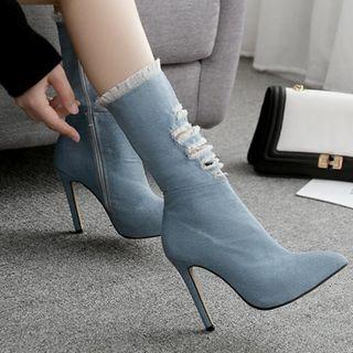 Stiletto Heel Ripped Denim Mid-calf Boots