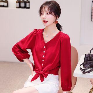 Long-sleeve Bow Accent Button Top